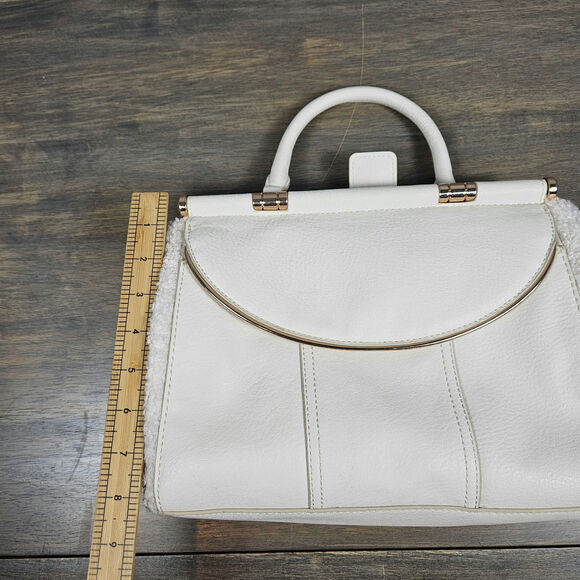 Lauren Conrad Ivory Sherpa Side Faux Leather Satchel Bag Gold Hardware Winter - Picture 8 of 9